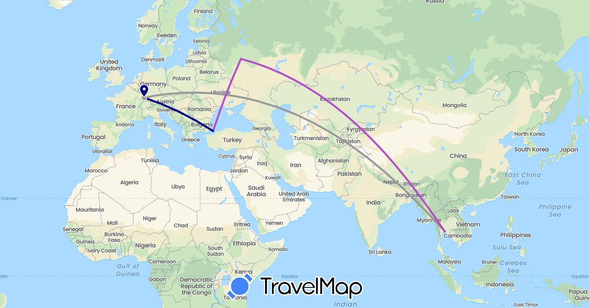 TravelMap itinerary: driving, plane, train in France, Russia, Thailand, Turkey (Asia, Europe)
